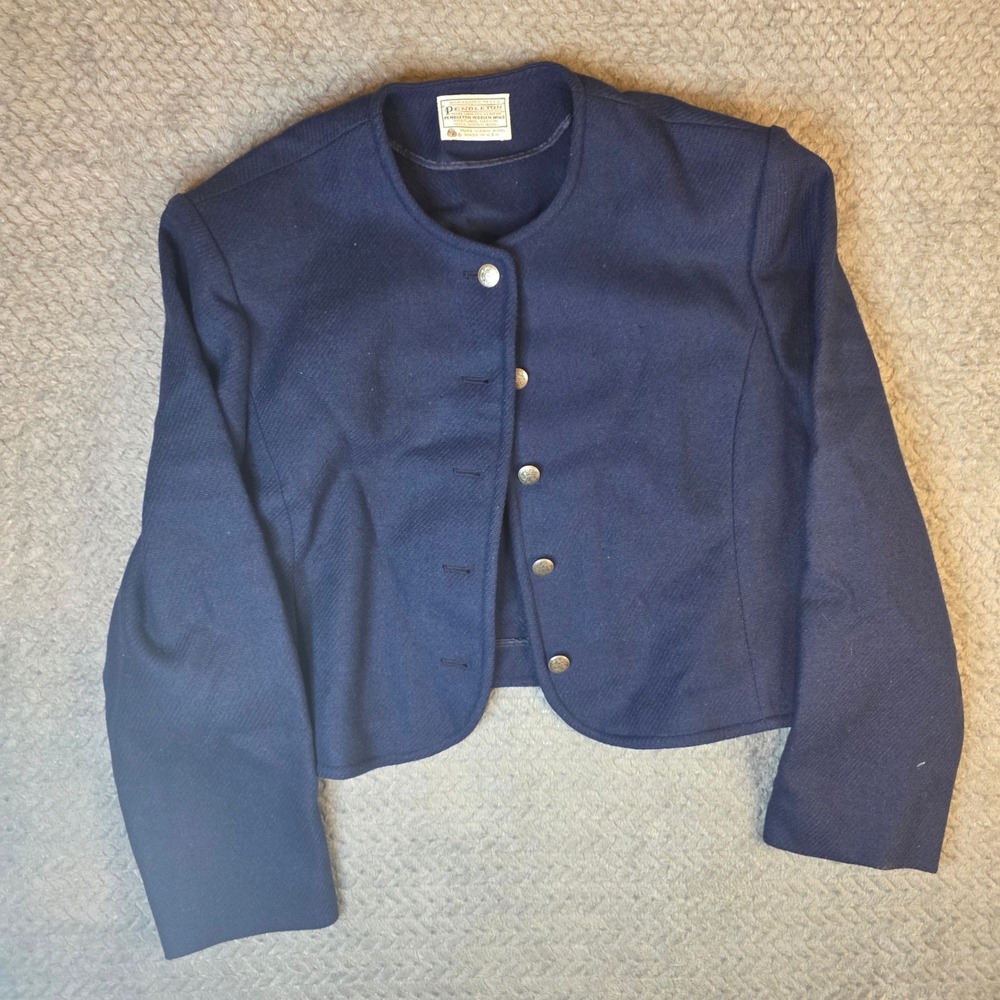 Vintage Pendleton Navy Blue 100% Virgin Wool Collarless Cropped Jacket Size 16
